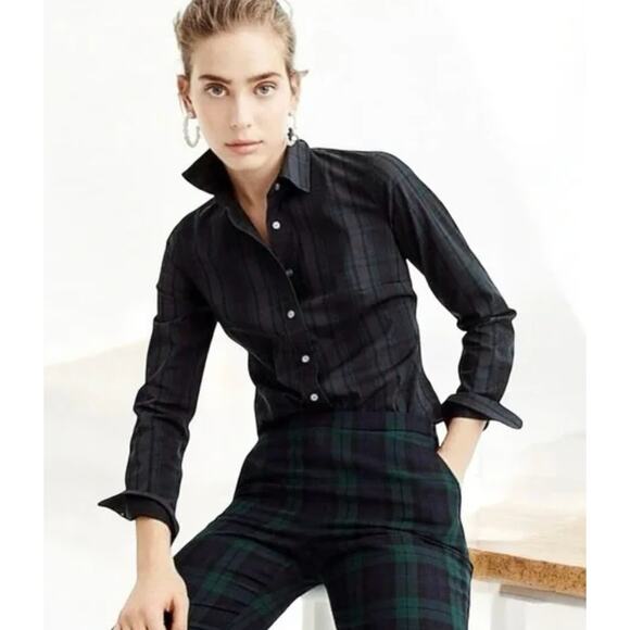 J. Crew Tops - J.Crew Top Womens 8 Black Watch Tartan Plaid Slim Stretch Perfect Shirt Cotton